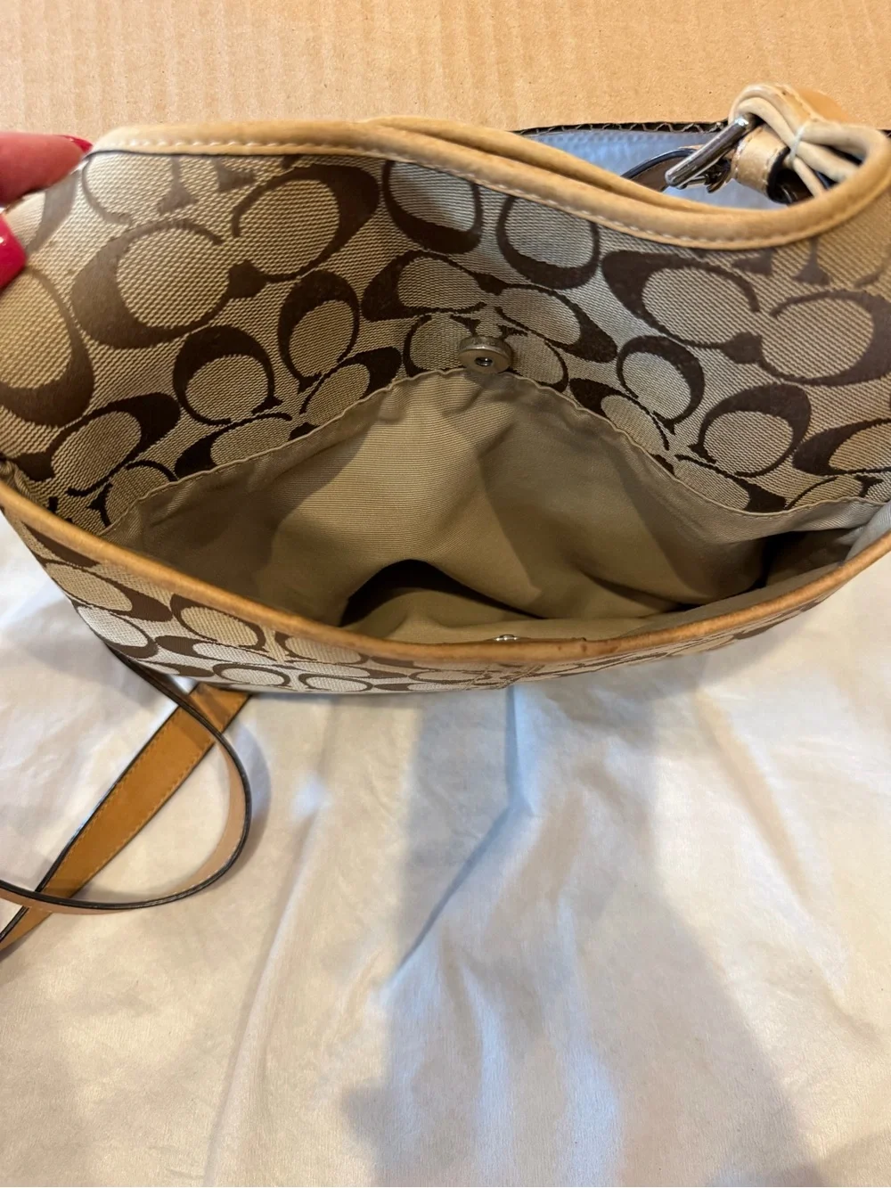 Coach Khaki/Brown Signature Canvas Shoulder Bag with Tan Trim